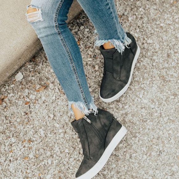 Tegan | Faux Suede Pinhole Wedge Sneakers | Black - Picture 3 of 7